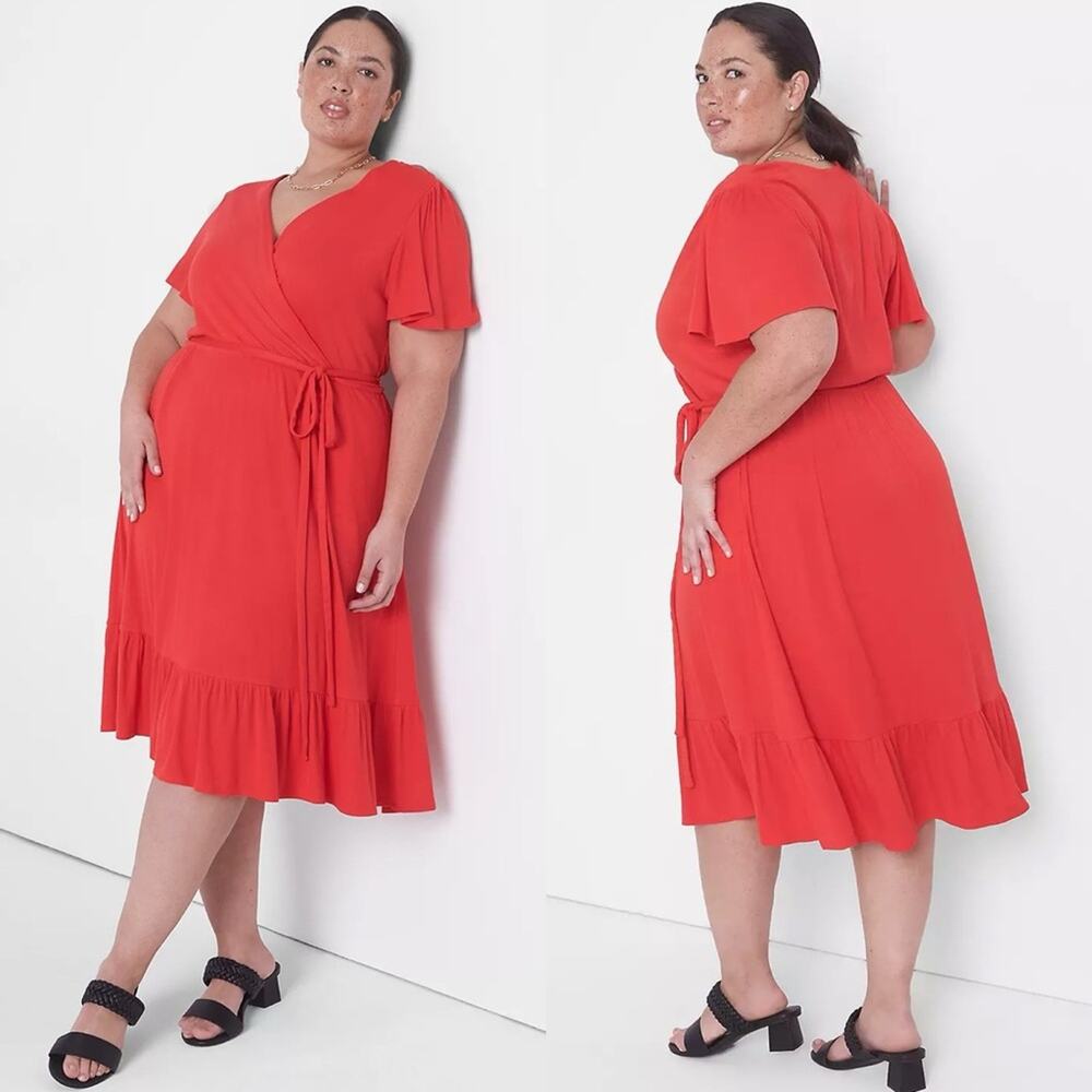 NWT Lane Bryant Flutter-Sleeve Belted-Waist Fit & Flare Dress in Pop Red 18/20
